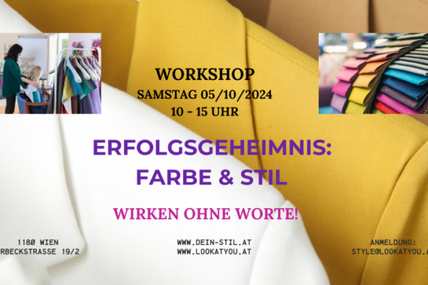 Einladung zum Workshop. Hintergrund hängen Blazer. Es gibt ein Bilder mit Farbpaletten und Farbberatung.