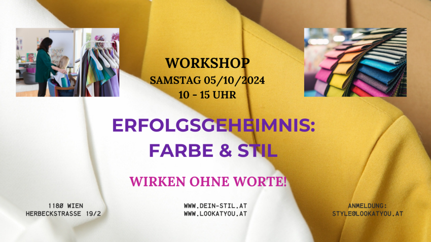 Einladung zum Workshop. Hintergrund hängen Blazer. Es gibt ein Bilder mit Farbpaletten und Farbberatung.