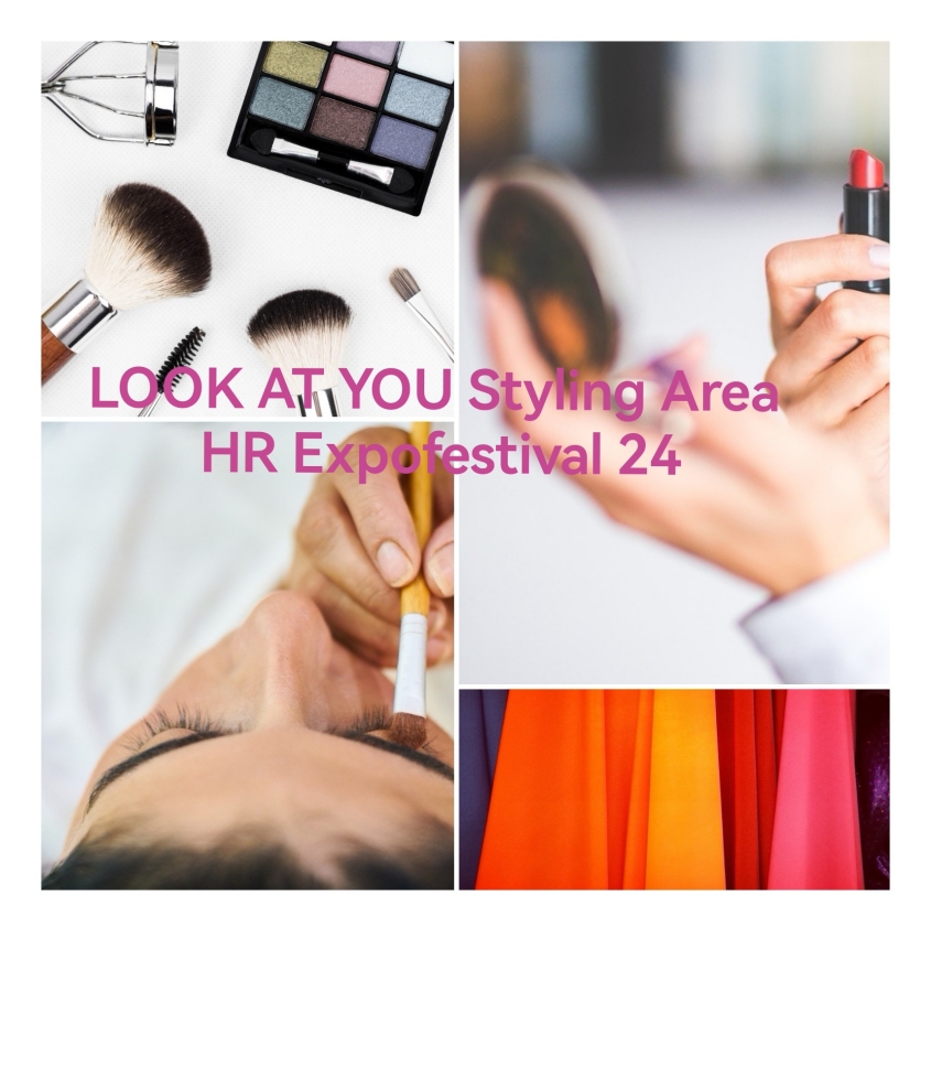 Kollage zur LOOK AT YOU Styling Area mit Lidschatten, Pinsel, Wimpernzange, Lippenstift, Make-Up-Artist und verschiedenen Rottönen.