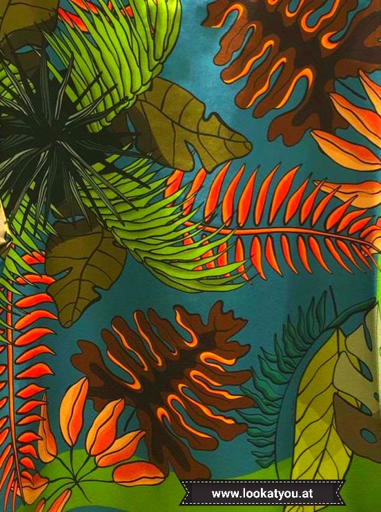 Hawaiimuster aus verschiedenen Blättern in orange, grün und türkis.