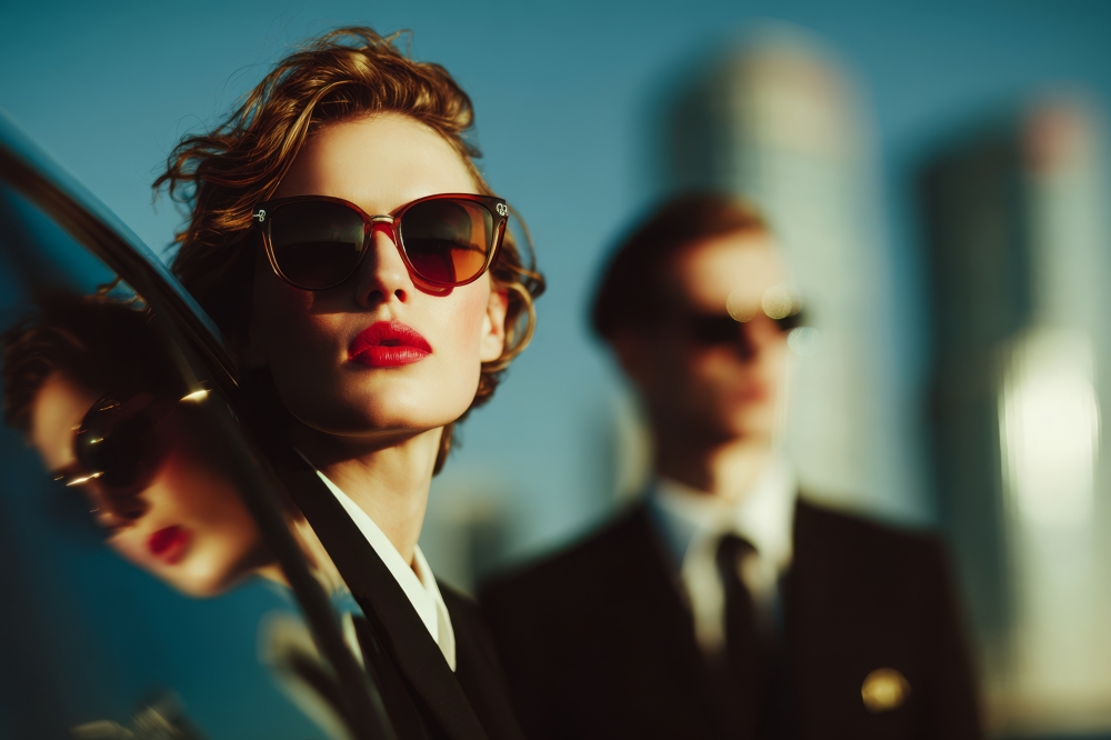 Zwei Personen in Businesslook mit Sonnenbrillen posieren vor einer Skyline.