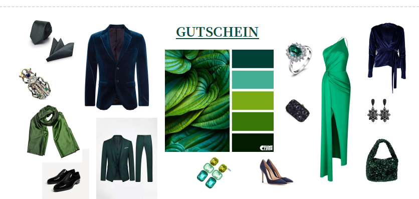 Styleguide zur Farbe Grün mit Business- und Fest-Outfits sowie Farbpalette.