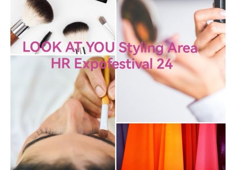 Kollage zur LOOK AT YOU Styling Area mit Lidschatten, Pinsel, Wimpernzange, Lippenstift, Make-Up-Artist und verschiedenen Rott&ouml;nen.