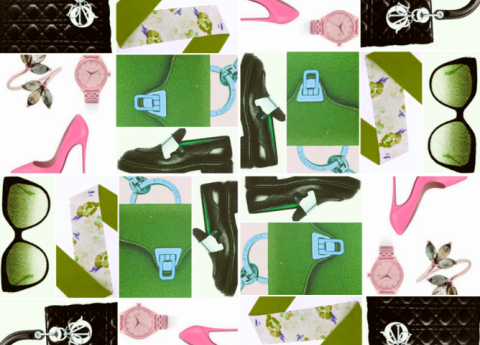 Springtime Kollage in hellgr&uuml;n, schwarz und pink mit Stilettos, Handtaschen, Sonnenbrille, Uhr, Ohrring, Loafers und gebl&uuml;mtem Stoffband.