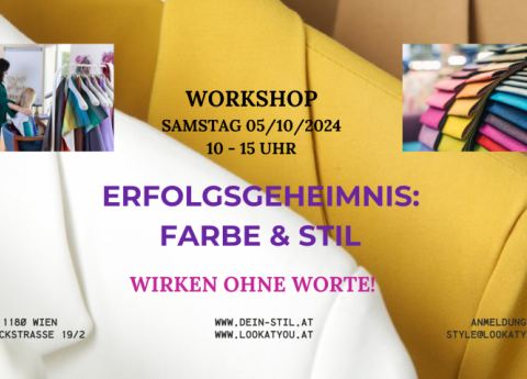 Einladung zum Workshop. Hintergrund h&auml;ngen Blazer. Es gibt ein Bilder mit Farbpaletten und Farbberatung.