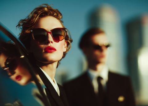 Zwei Personen in Businesslook mit Sonnenbrillen posieren vor einer Skyline.