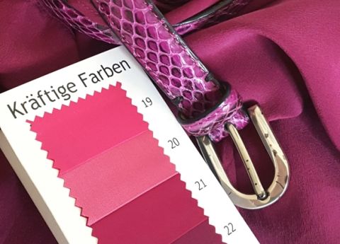 Kr&auml;ftige Magentat&ouml;ne auf Farbpalette, Leder und G&uuml;rtel in Schlangenhautoptik.