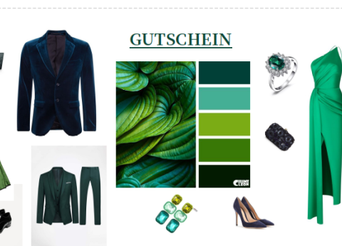 Styleguide zur Farbe Gr&uuml;n mit Business- und Fest-Outfits sowie Farbpalette.